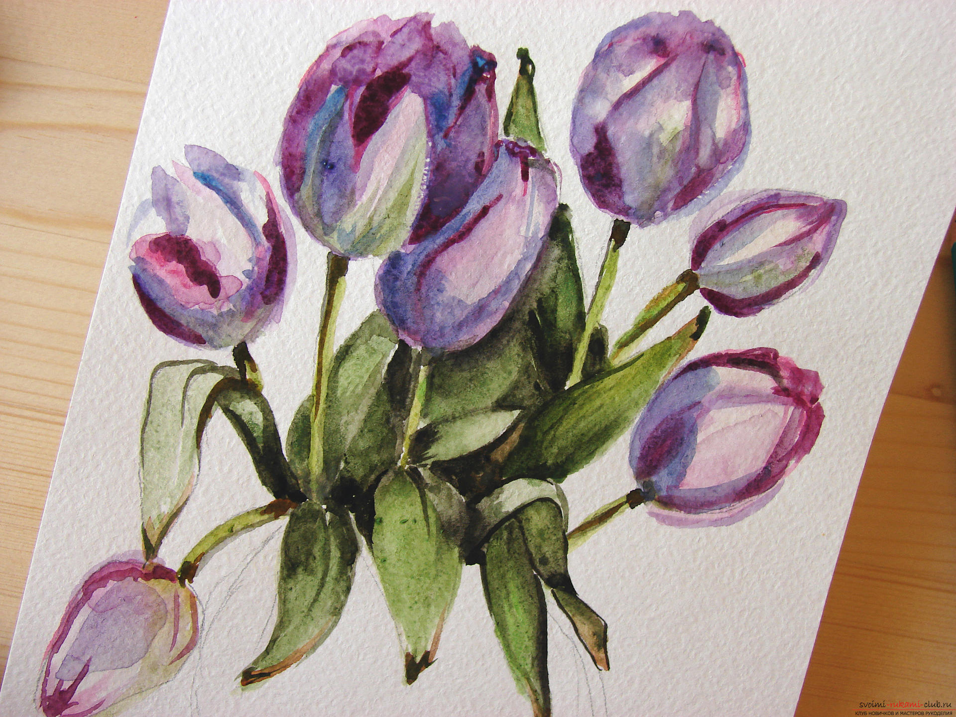 Мастер-класс по рисованию с фото научит как нарисовать цветы, подробно описав как рисуются тюльпаны поэтапно.. Фото №20